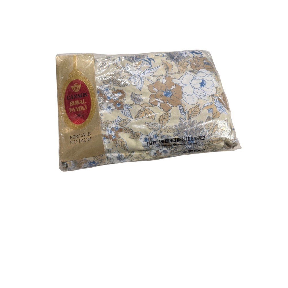 Vintage Cannon Royal Family Full Fitted Sheet Floral Percale No Iron Blue‎ Brown
